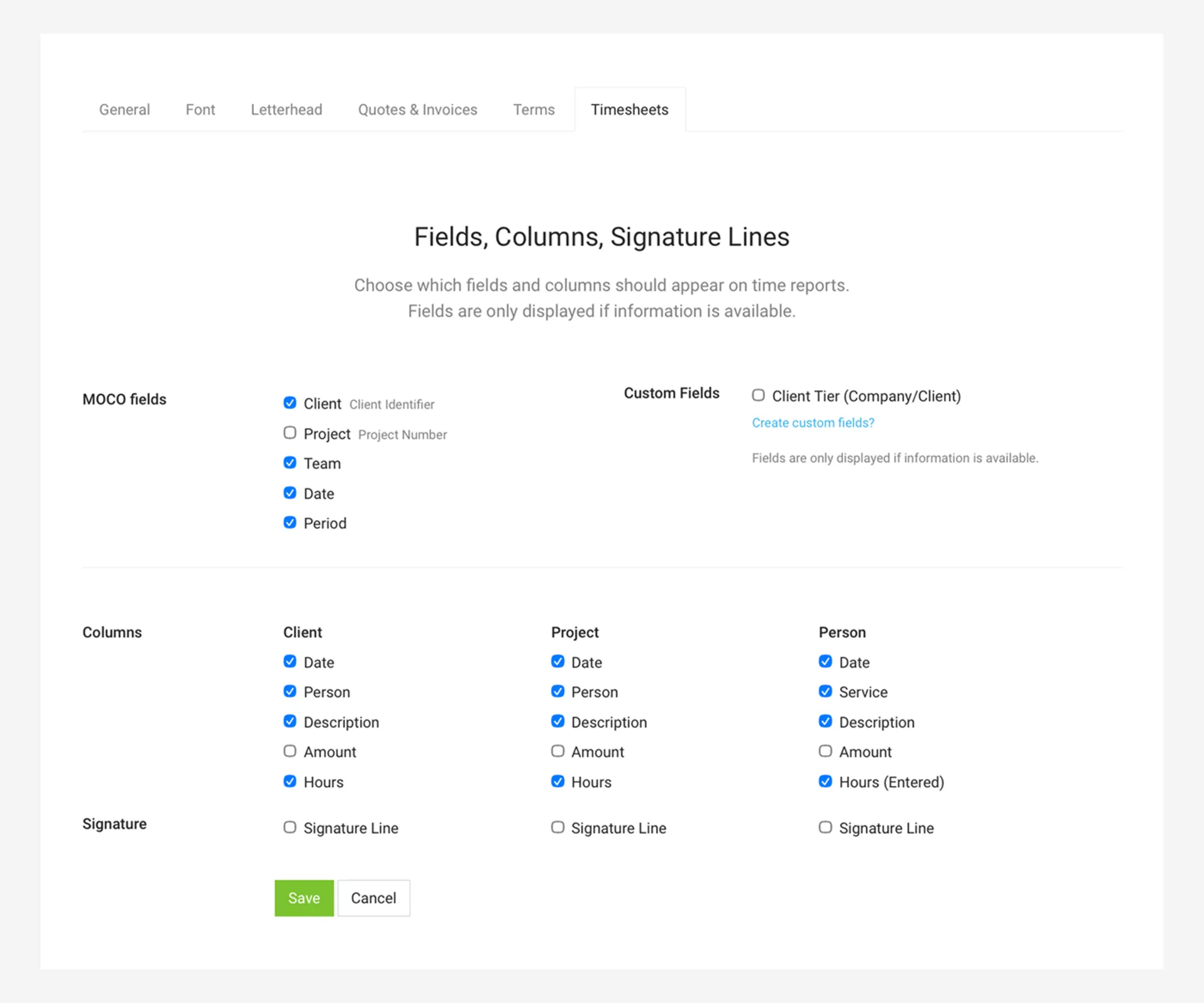 Layout Settings for Timesheets and Signature