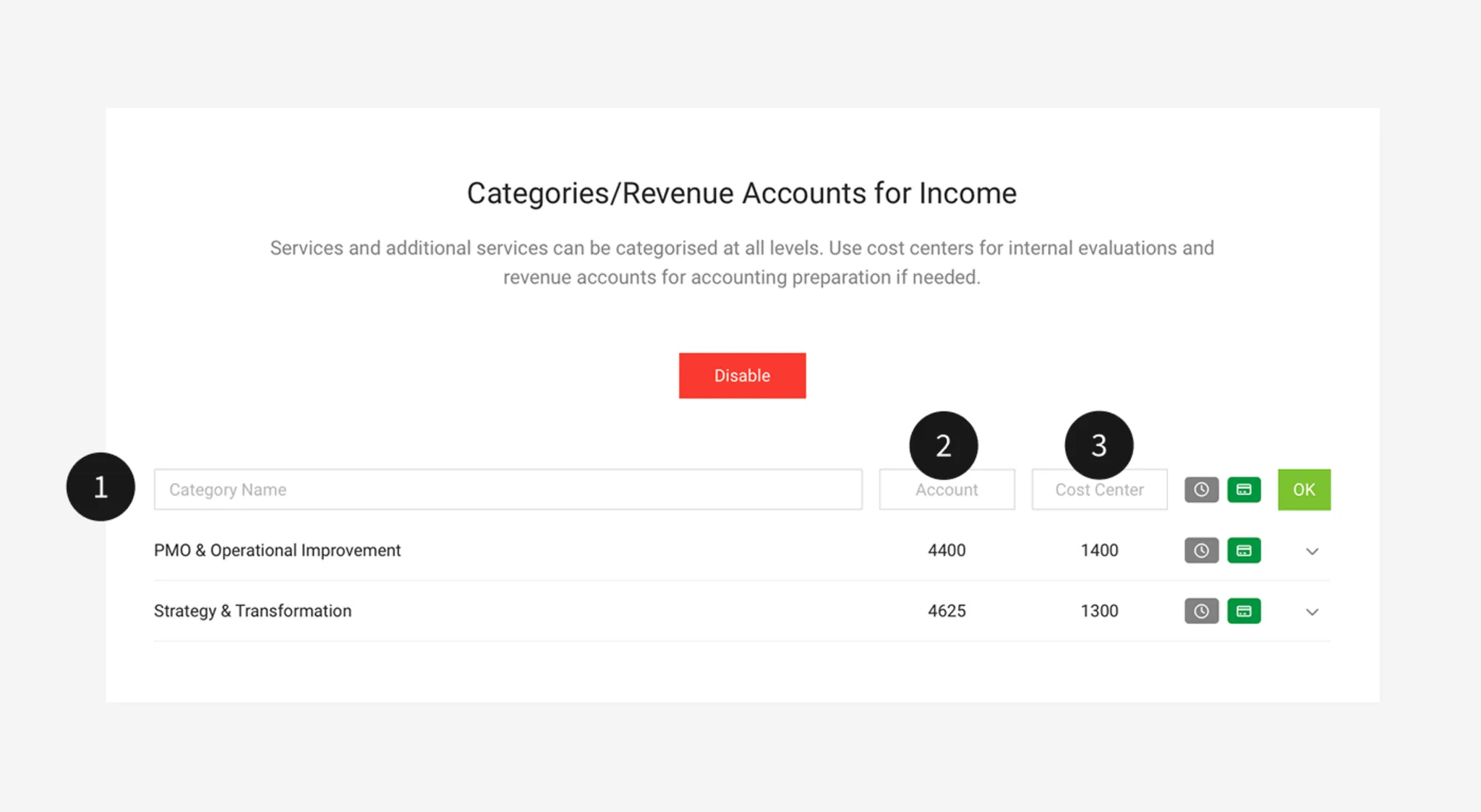 Accounting setting showing revenue accounts, cost centres, and categories at service level