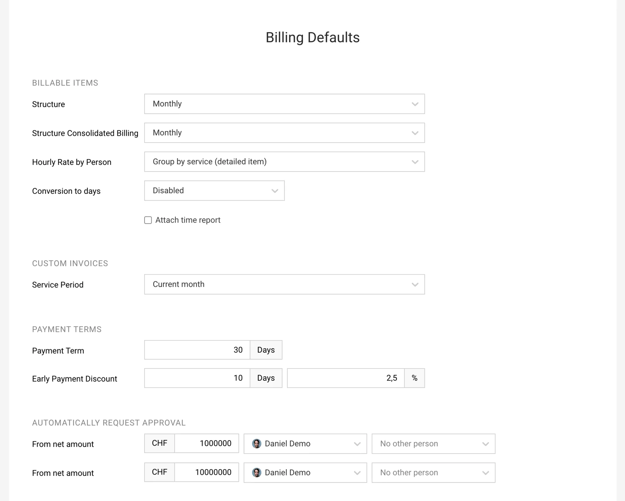 MOCO Invoice Creation Settings MOCO settings for creating invoices in Time & Material projects