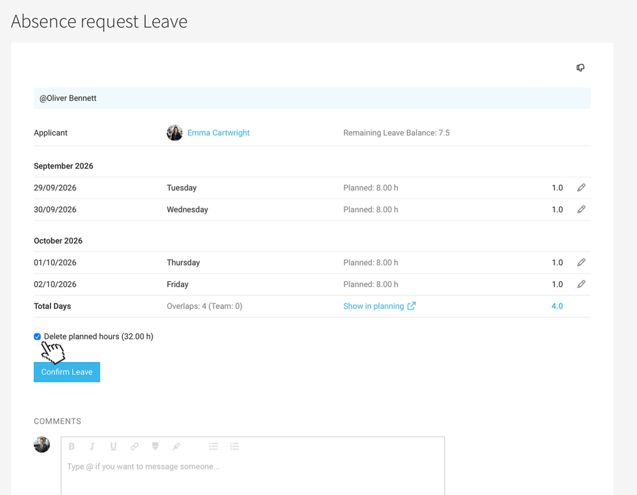 Leave and planning in MOCO ERP agency software