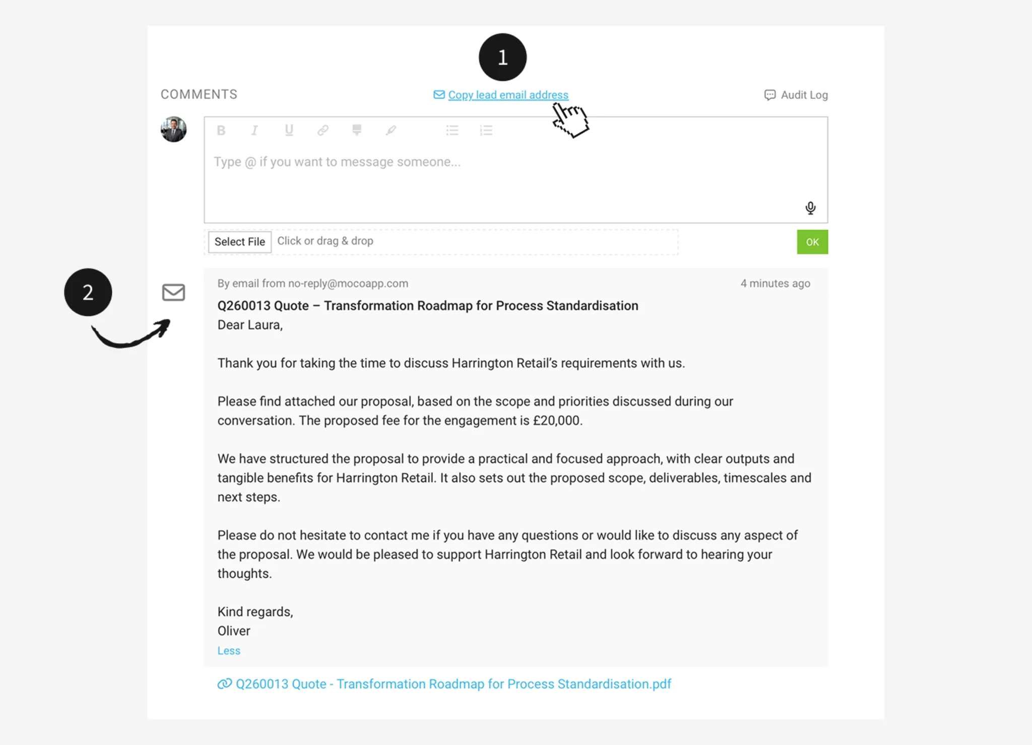Comments, emails and lead history