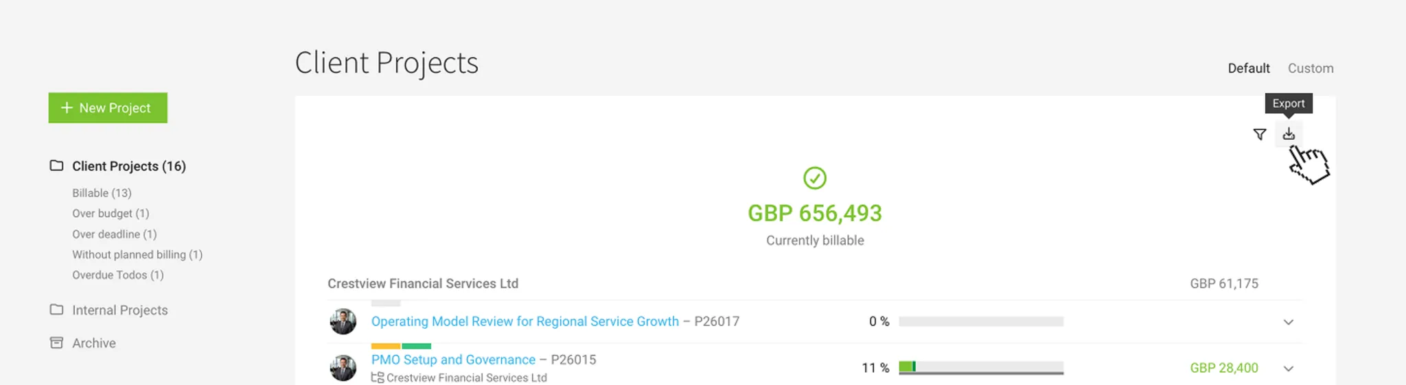 Use the list export to continue your calculations easily Excel export for projects