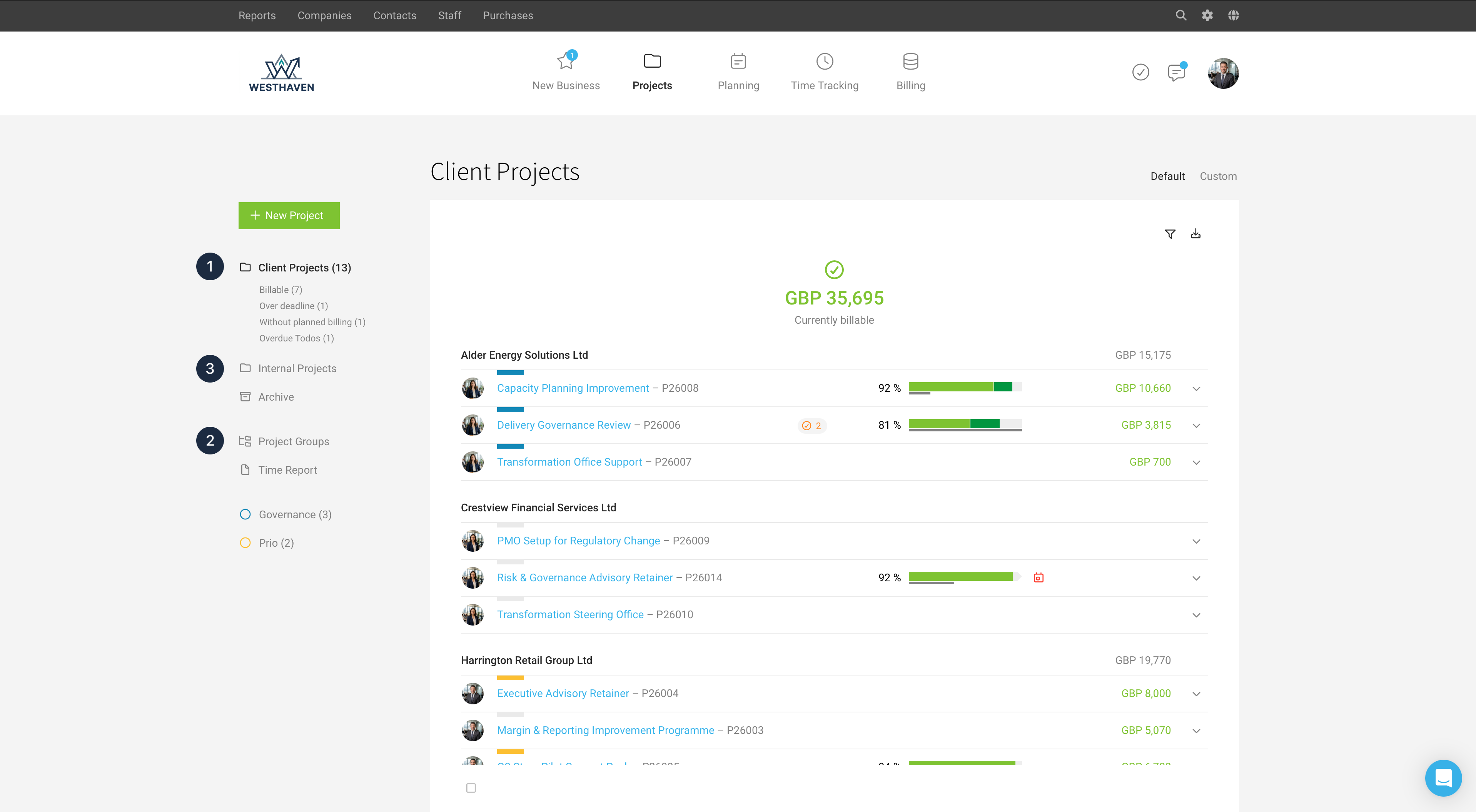 Projektliste in MOCO