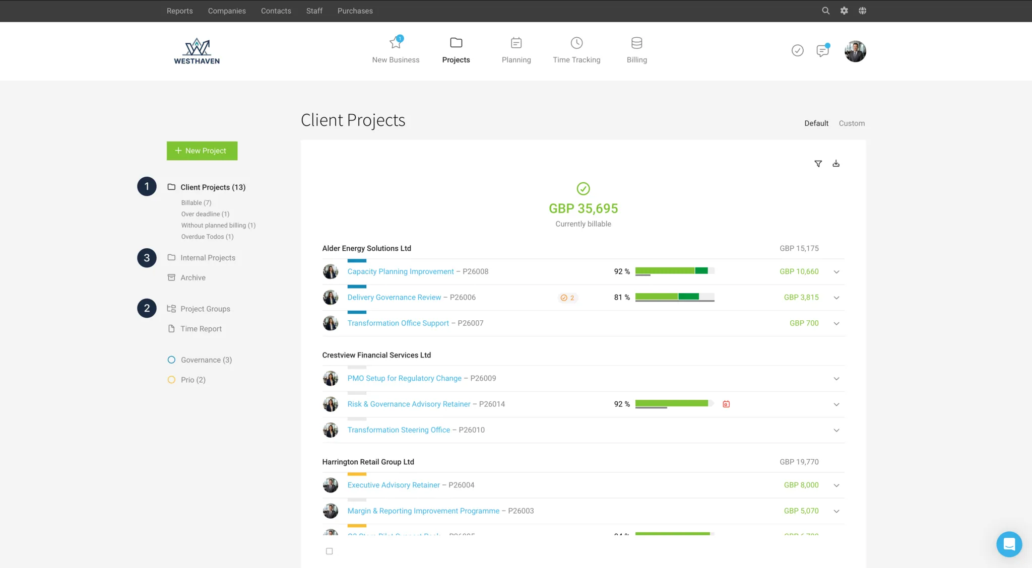 Project list in MOCO
