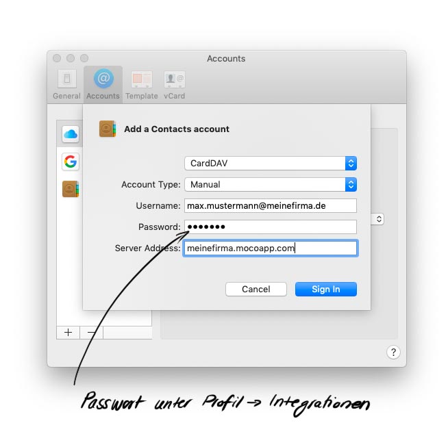 Fenster der macOS-Kontakte CardDAV-Konfiguration