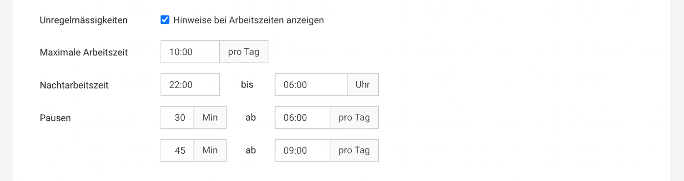 Arbeitszeiterfassung Einstellungen für die Kontrolle gesetzlicher Vorgaben