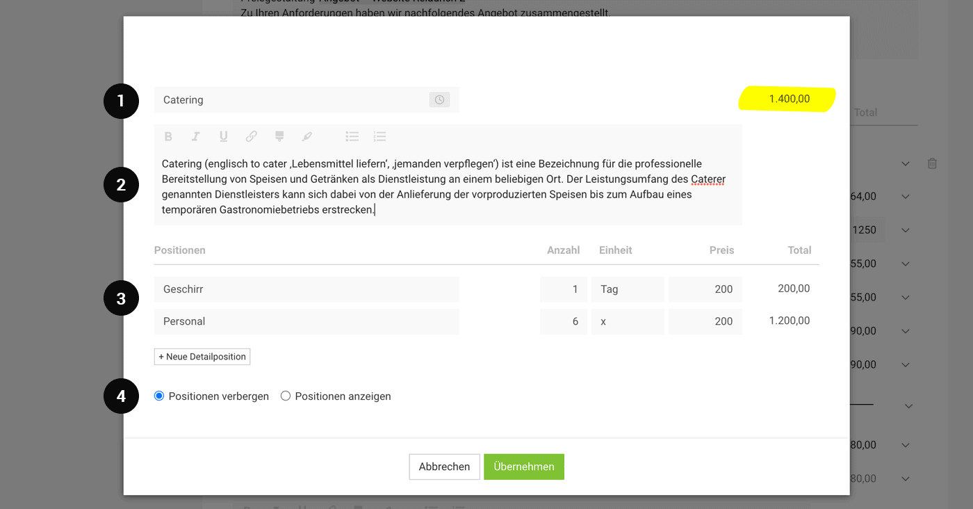 positionsgruppe-modal Positionsgruppe Sammelposition für Angebote und Rechnungen