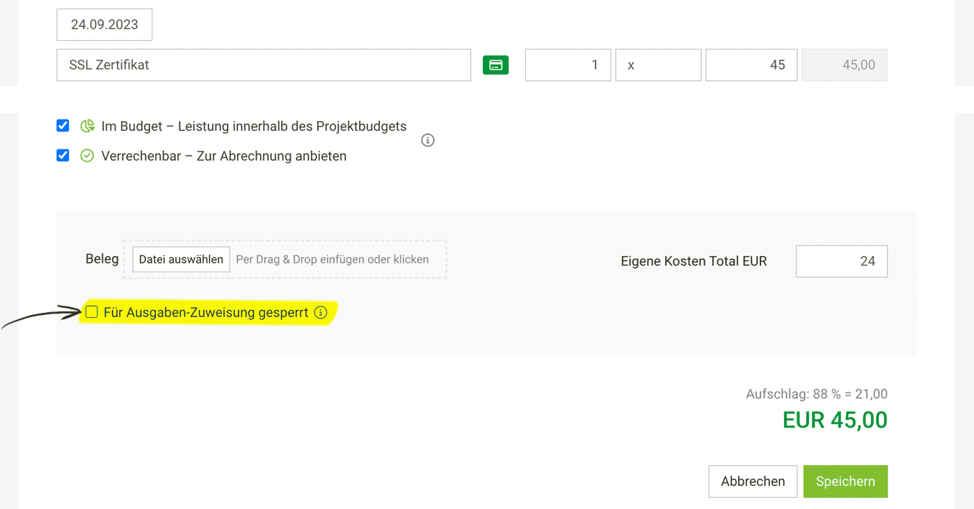 Zusatzleistungen Ausgaben 01 Fremdkosten Projekten zuweisen abrechnen