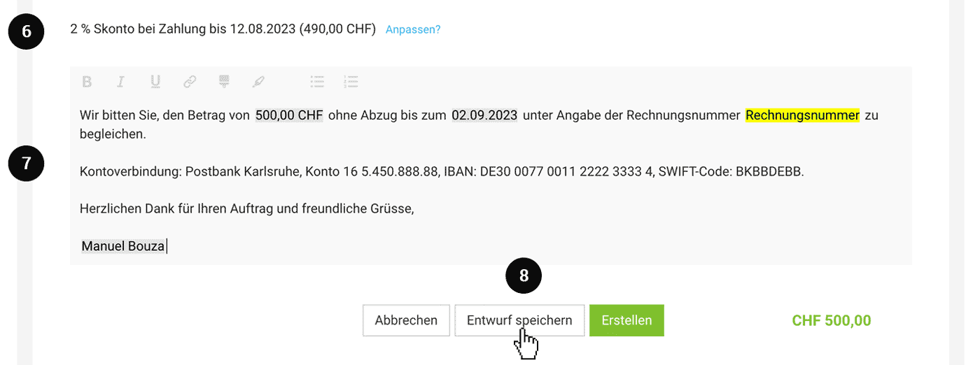 Rechnungsrestellung Schlusstext Skonto