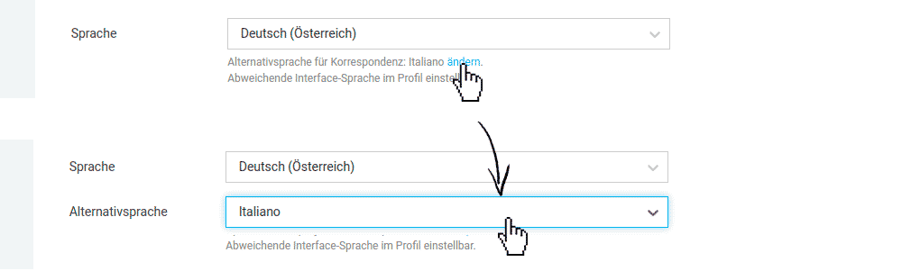 Einstellung Accountsprache und Alternativsprache