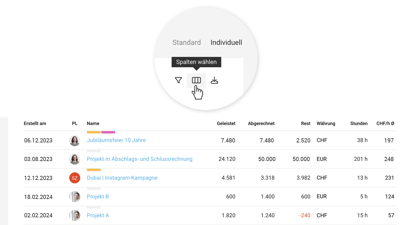 Individuelle Projektliste Projektcontrolling MOCO