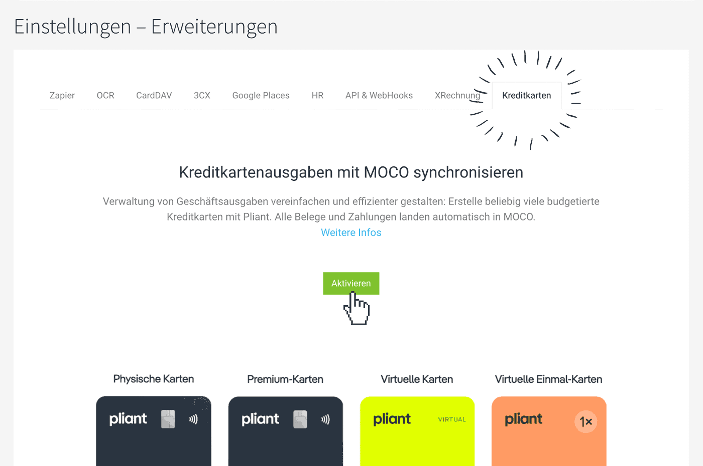 kreditkarten integration agentur pliant einstellungen
