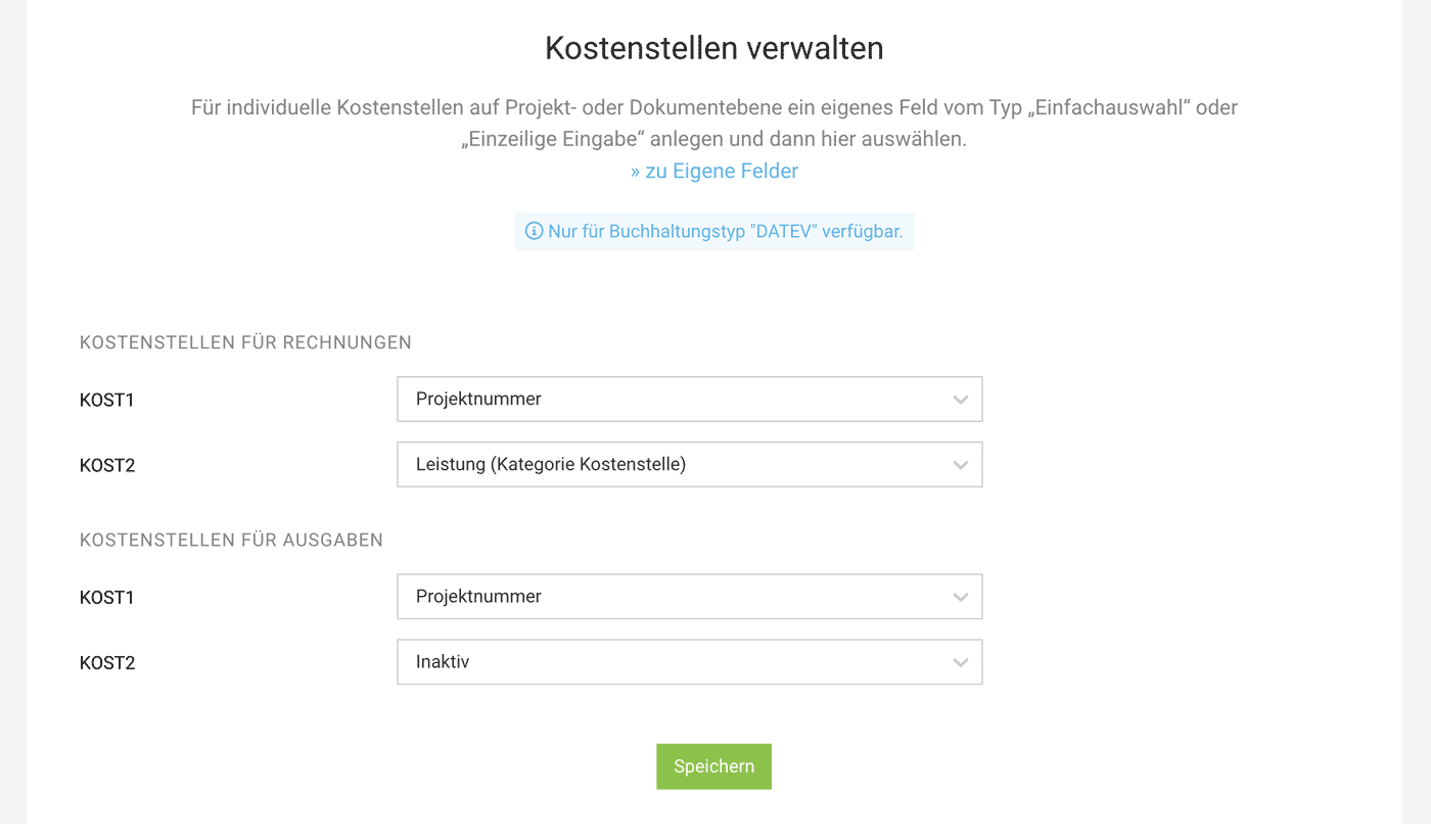 Kostenstellen Einstellungen MOCO