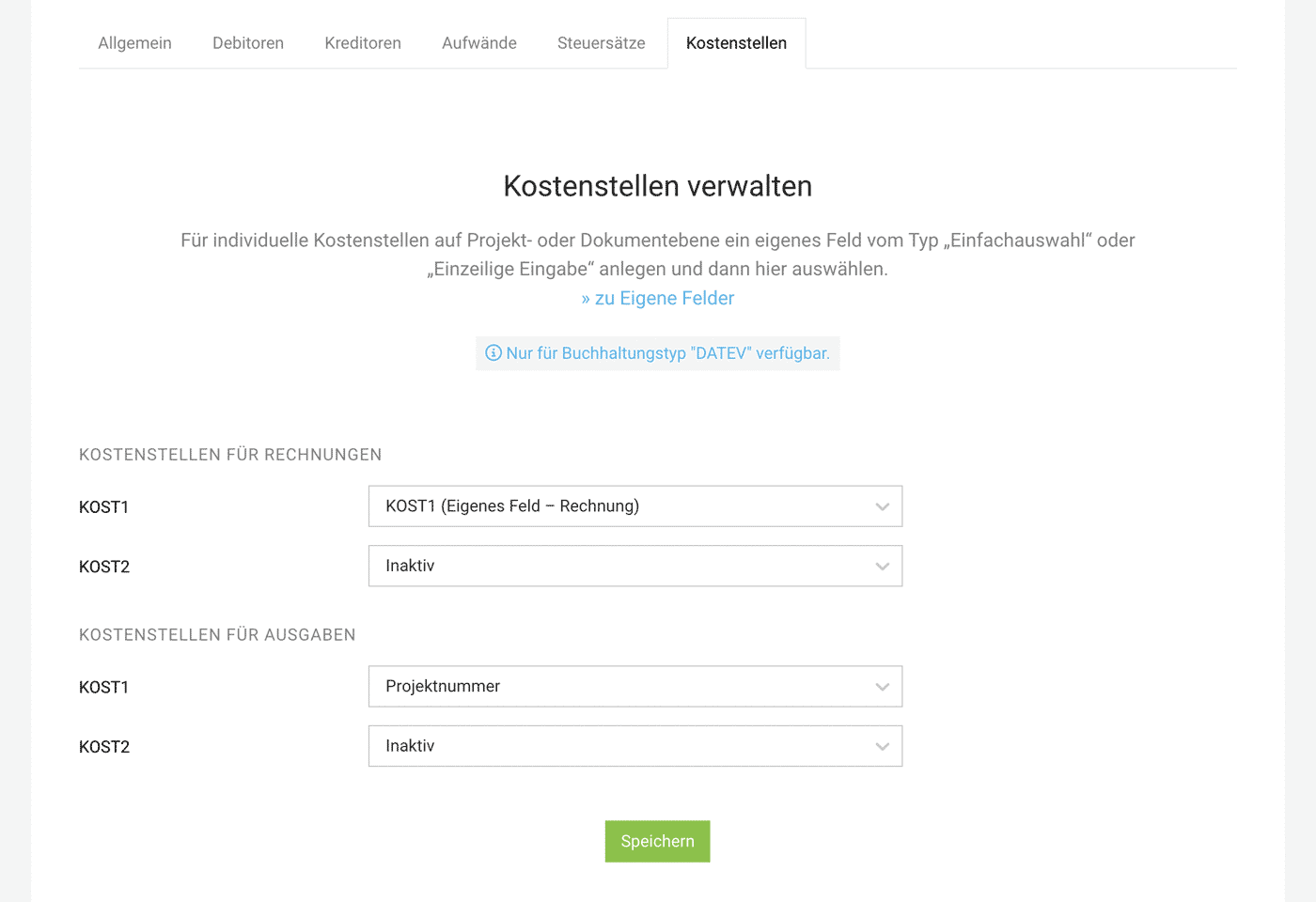 Kostenstellen Einstellungen MOCO