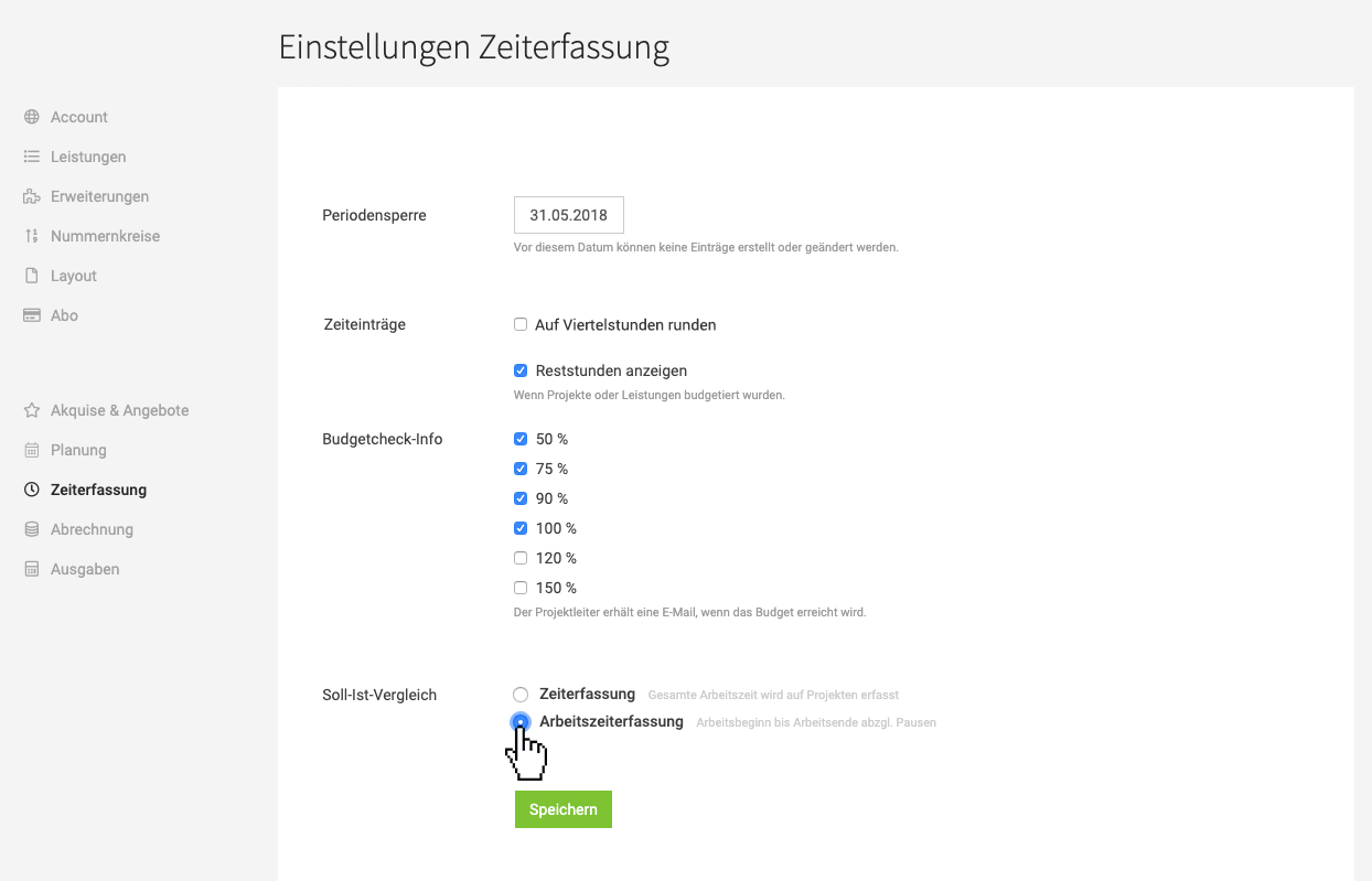 Arbeitszeiterfassung als Basis für Soll-Ist-Vergleich einstellen