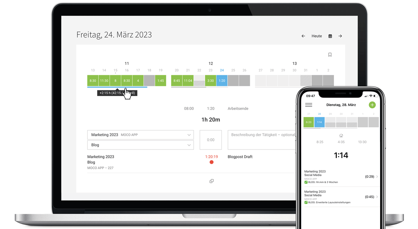 Arbeitszeiterfassung und Zeiterfassung in MOCO: Online oder mobil via App.