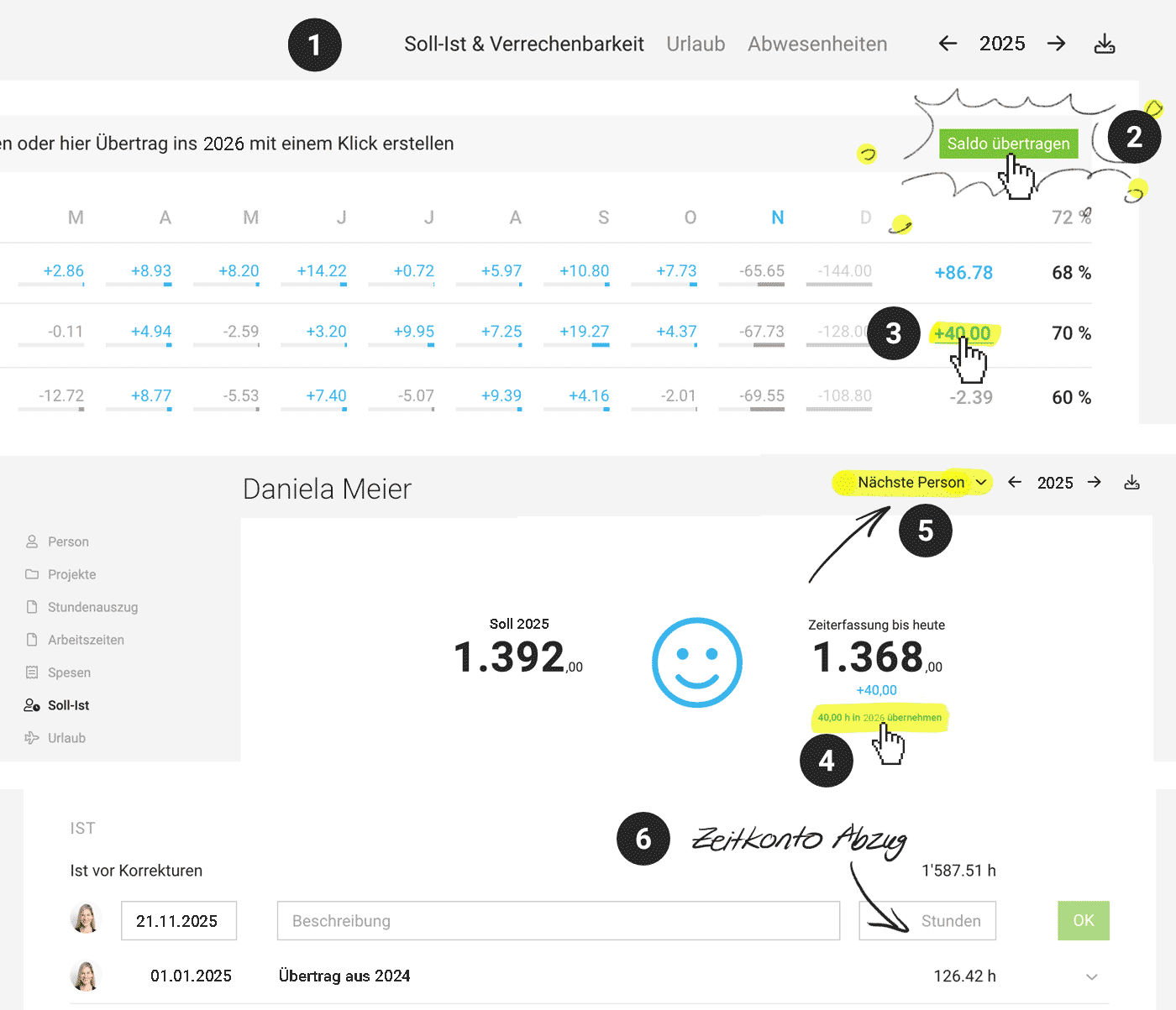 MOCO Zeitkonto Jahreswechsel Über-/Unterstunden übertragen
