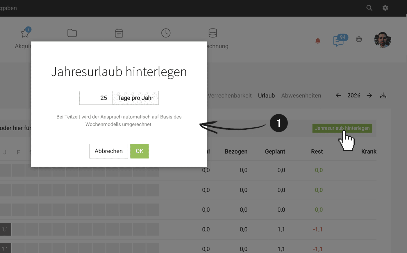 Jahresurlaub guthaben eintragen für die MOCO ERP Agentursoftware