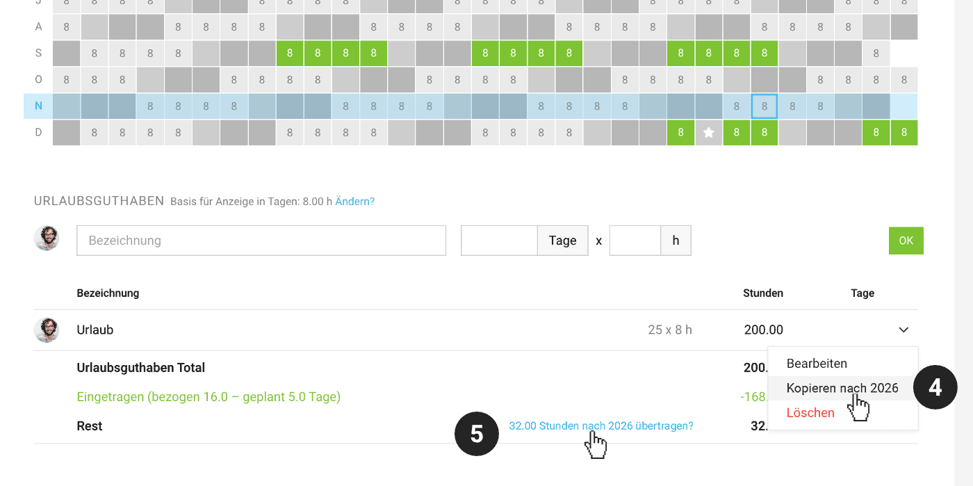 Urlaubskonto Jahresguthaben Uebertrag 2026 MOCO