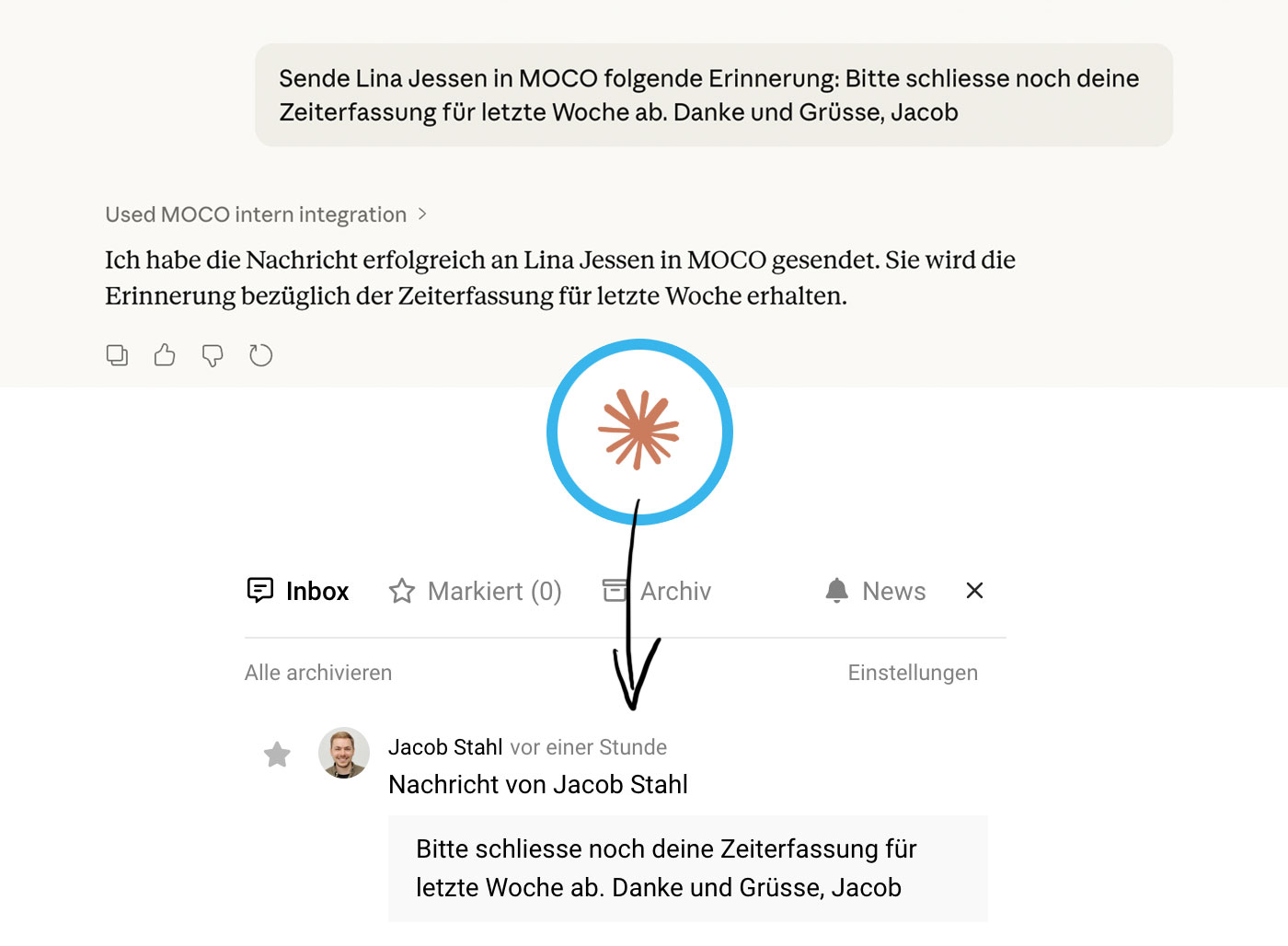 Prompt Eingabe in Claude, um Zeiten von MOCO im KI-Client abrufen zu können.