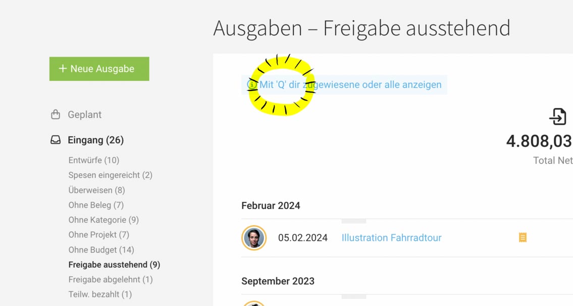 Ausgaben Freigabe Tastaturkürzel Q