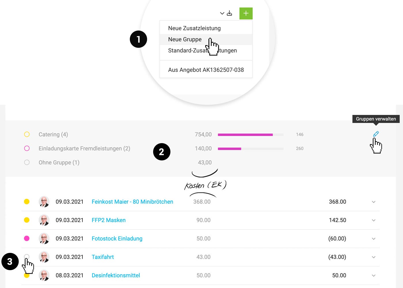 Fremdkosten kontrollieren gruppieren