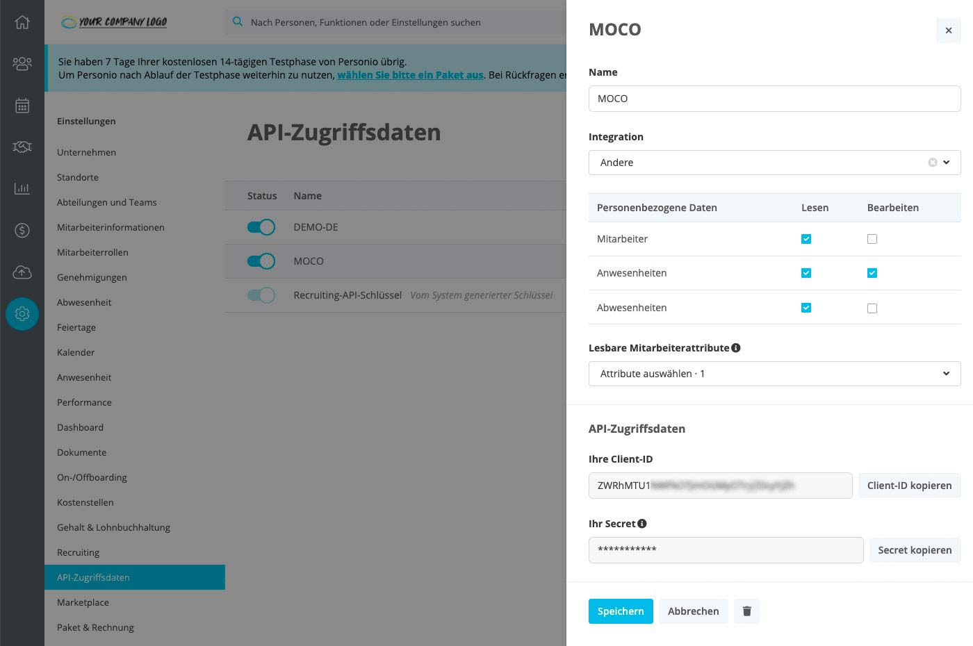 moco mit personio verbinden: einstellungen in personio