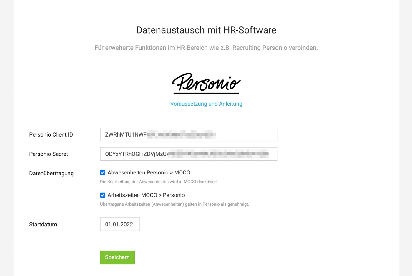 Personio Integration – Einstellungen in MOCO