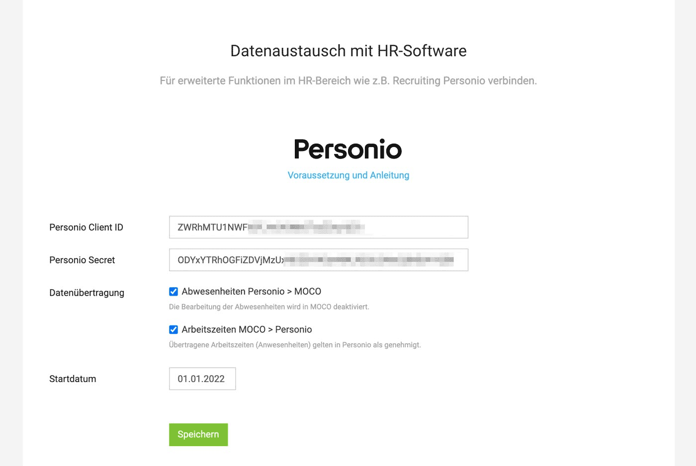Personio Integration – Einstellungen in MOCO