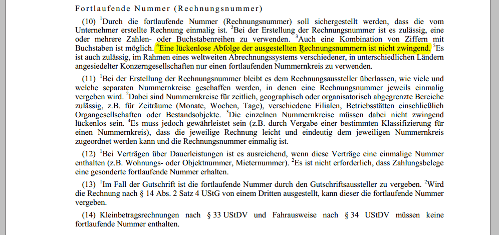 Rechnungsnummer muss fortlaufend aber nicht lueckenlos sein