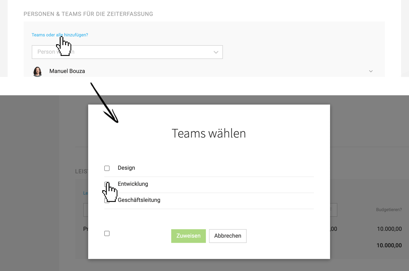 teams für die zeiterfassung wählen