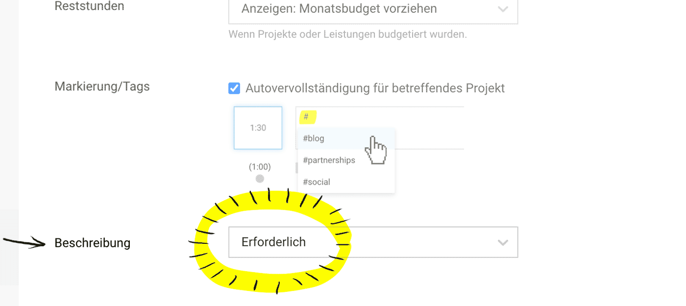 Einstellung Zeiterfassung Beschreibung Tätigkeit