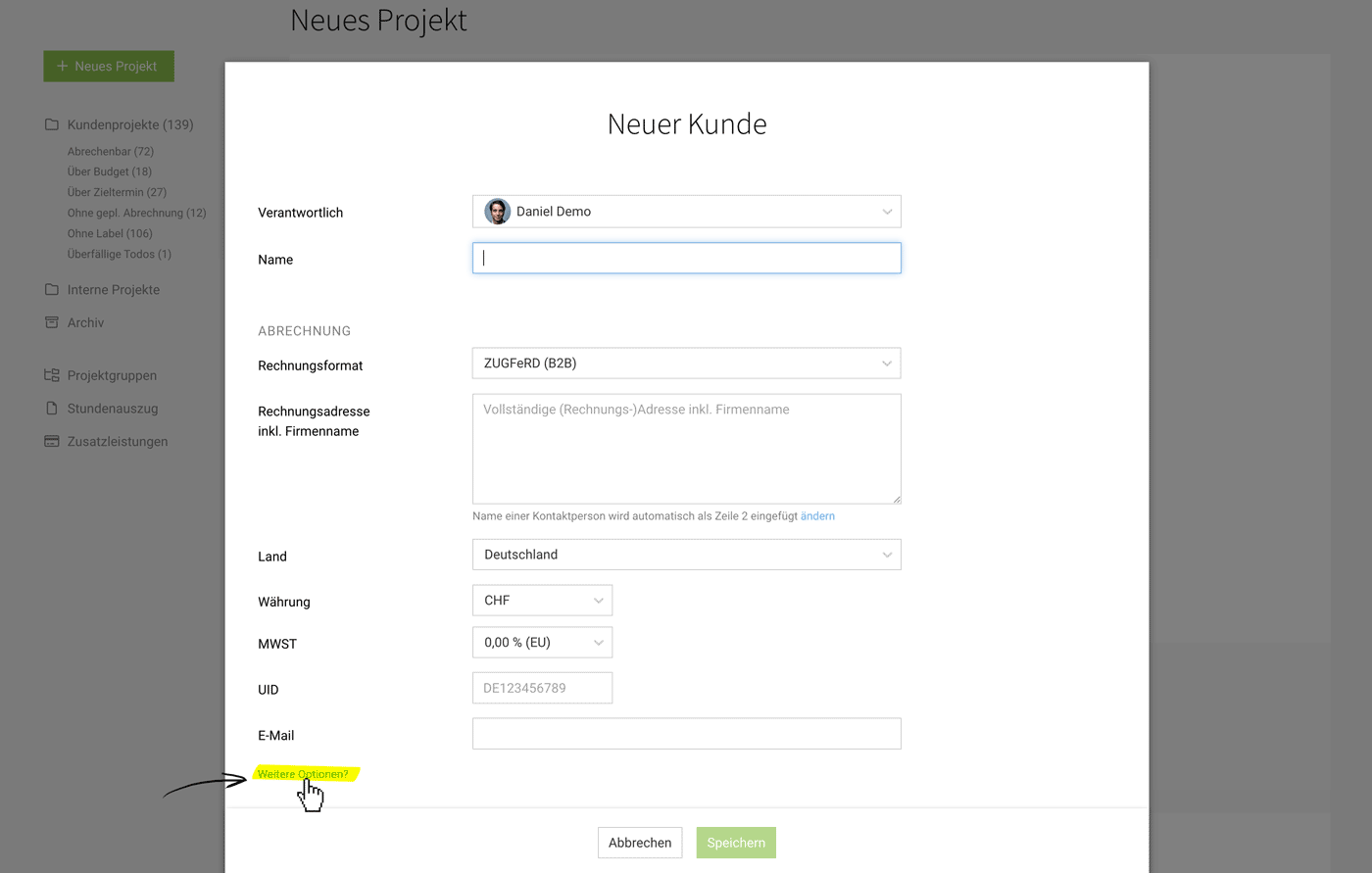 Schnellerstellung Kunde in MOCO