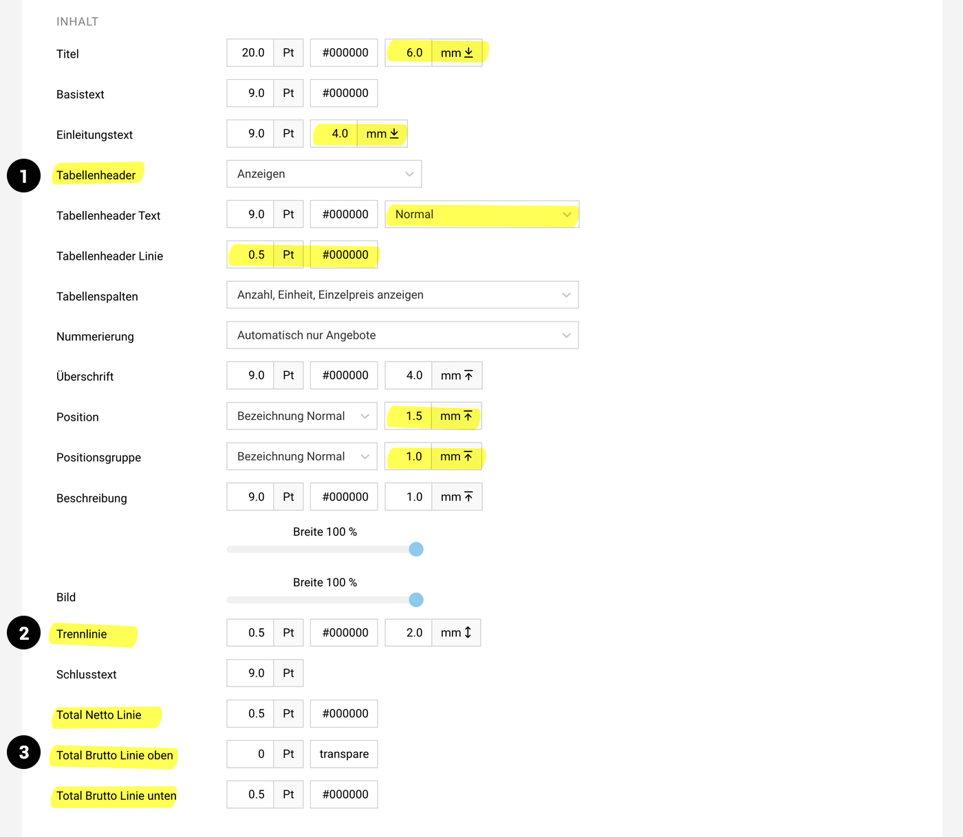 Layouteinstellungen MOCO
