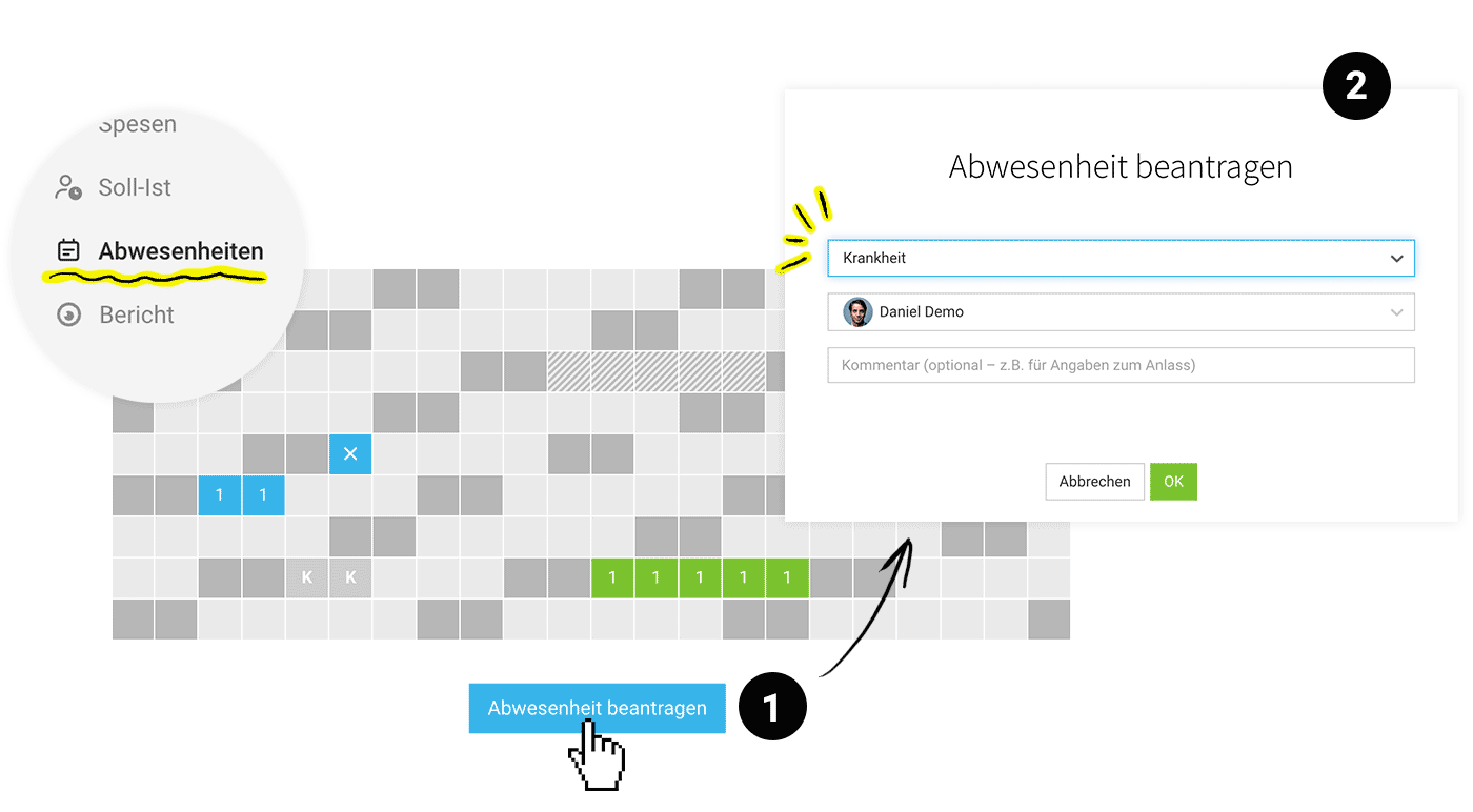 Modul in MOCO, um Abwesenheiten zu beantragen