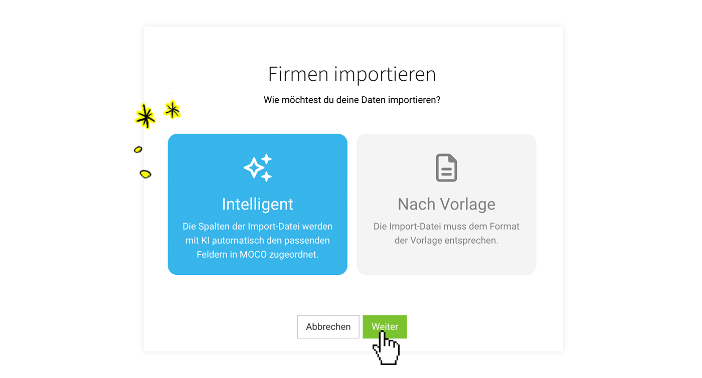 Importiere Firmen und Kontakte schneller über den smarten KI Import von MOCO.