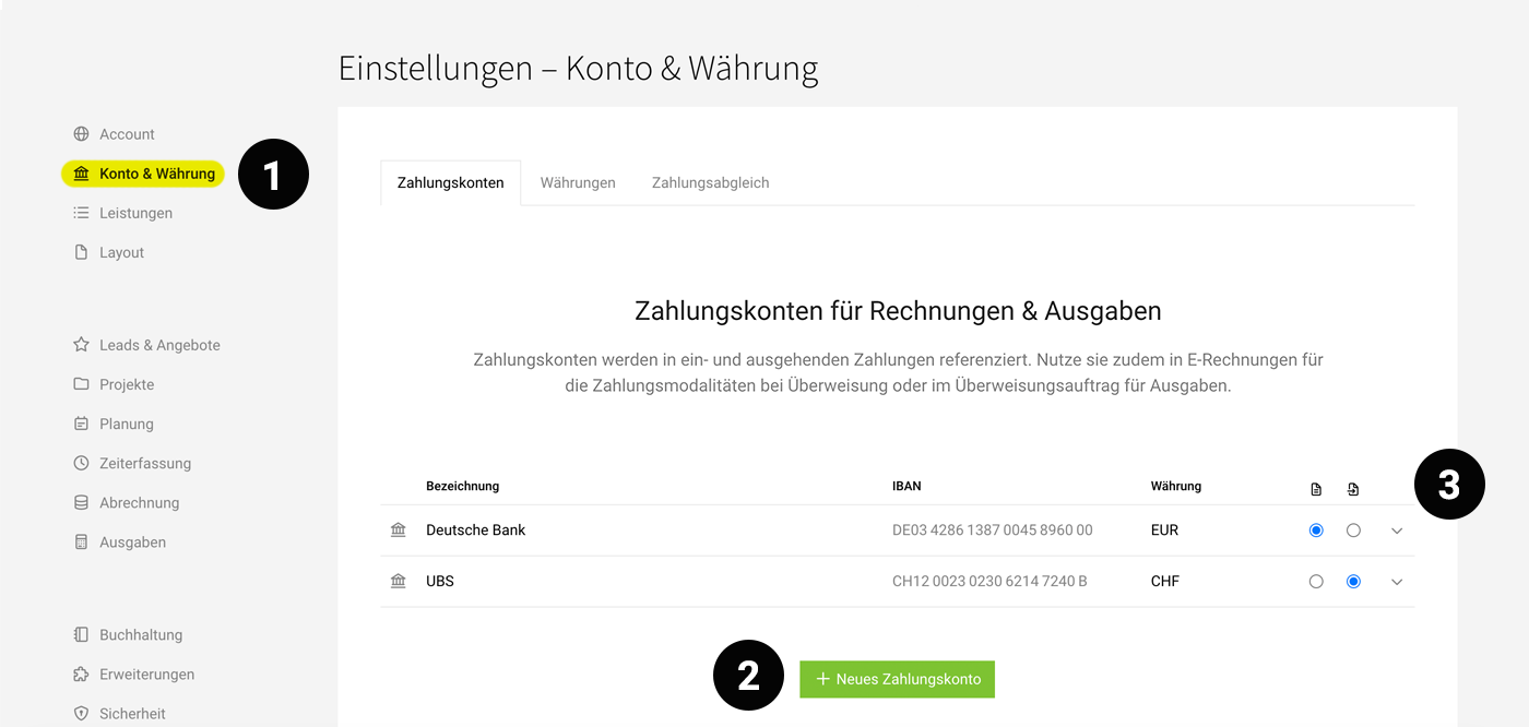 MOCO Zahlungskonten für Rechnungen und Ausgaben einrichten