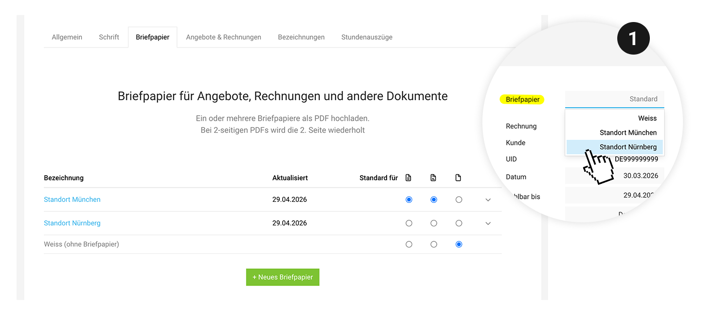 Screenshot der MOCO-Rechnungsansicht mit dem neuen Feld „Briefpapier" im Infoblock oben rechts.