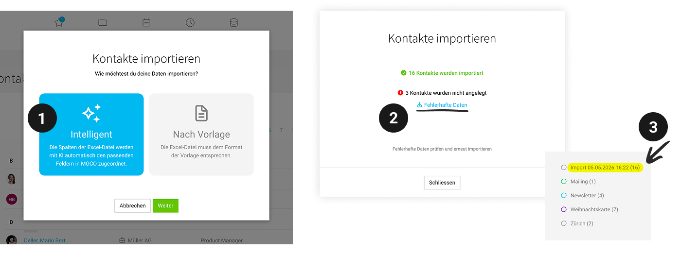 Screenshot der MOCO-Oberfläche: KI-gestützter Kontakt-Import mit automatischer Spaltenzuordnung, Fehler-Download und Label-Funktion