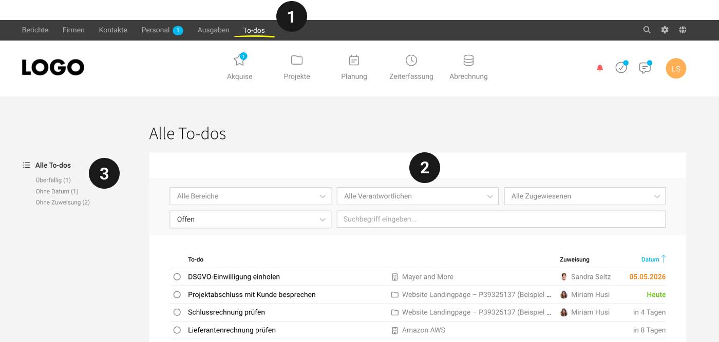 Screenshot der MOCO-Oberfläche: Zentrale To-do-Liste mit Filteroptionen