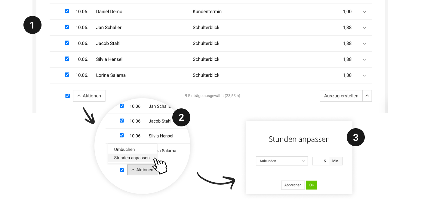 MOCO Stunden anpassen: Massenaktion zum Aufrunden oder Aufschlagen von Zeiteinträgen vor der Abrechnung.