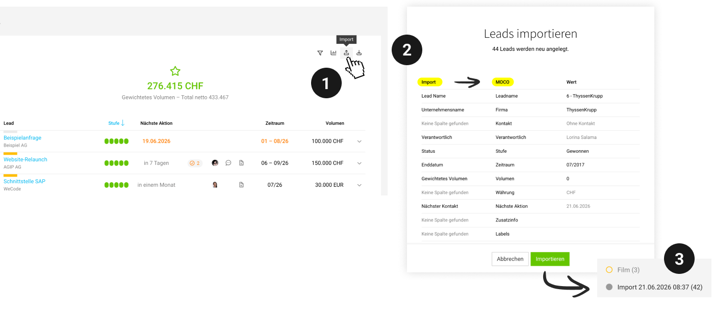 Screenshot des MOCO Lead-Imports: Spalten-Matching per KI zwischen Excel-Tabelle und MOCO-Feldern
