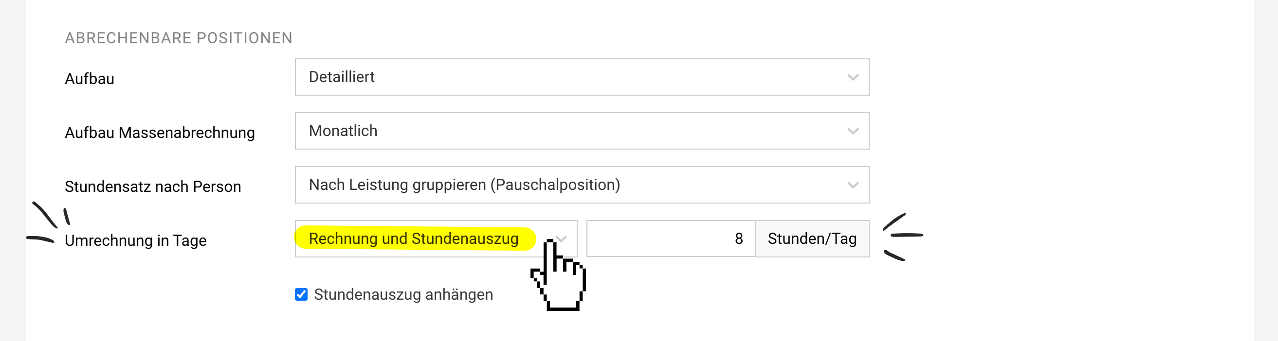 Einstellung "Umrechnung in Tage" mit neuer Option "Rechnung und Stundenauszug"
