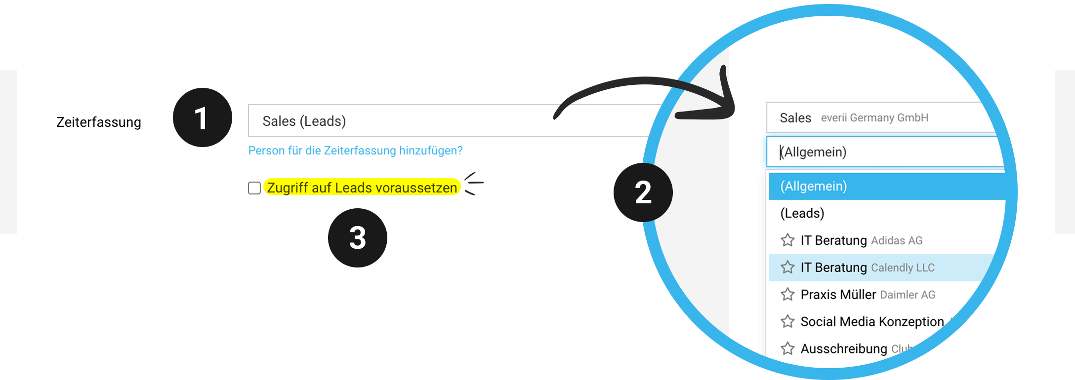 Screenshot der MOCO Einstellungen: Akquise-Projekt und Checkbox „Zugriff auf Leads voraussetzen" unter Einstellungen → Leads & Angebote