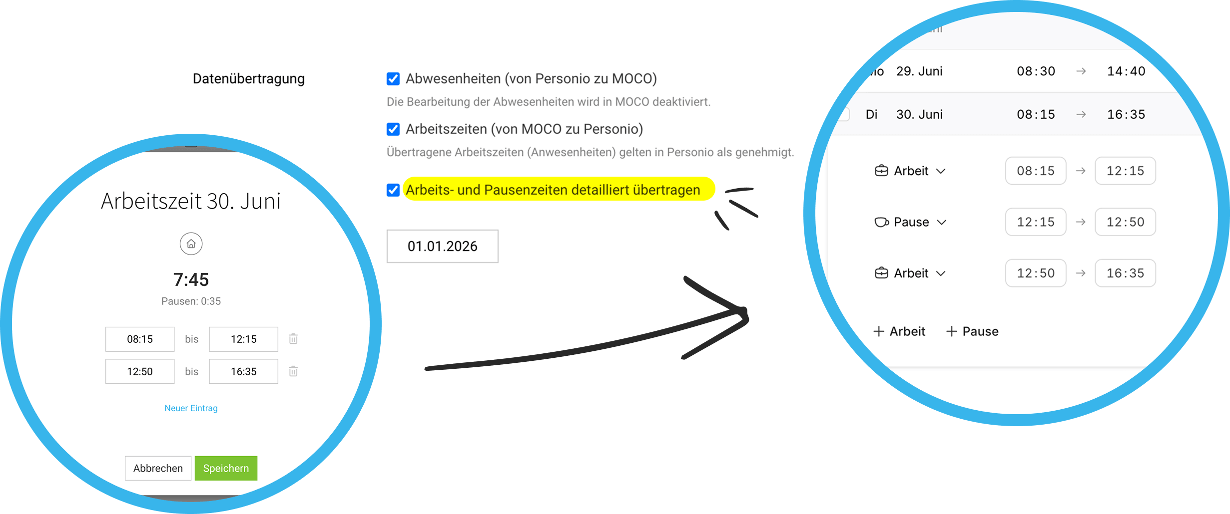 Screenshot der MOCO Einstellungen: Checkbox „Arbeits- und Pausenzeiten detailliert übertragen" im Reiter HR unter Einstellungen → Erweiterungen