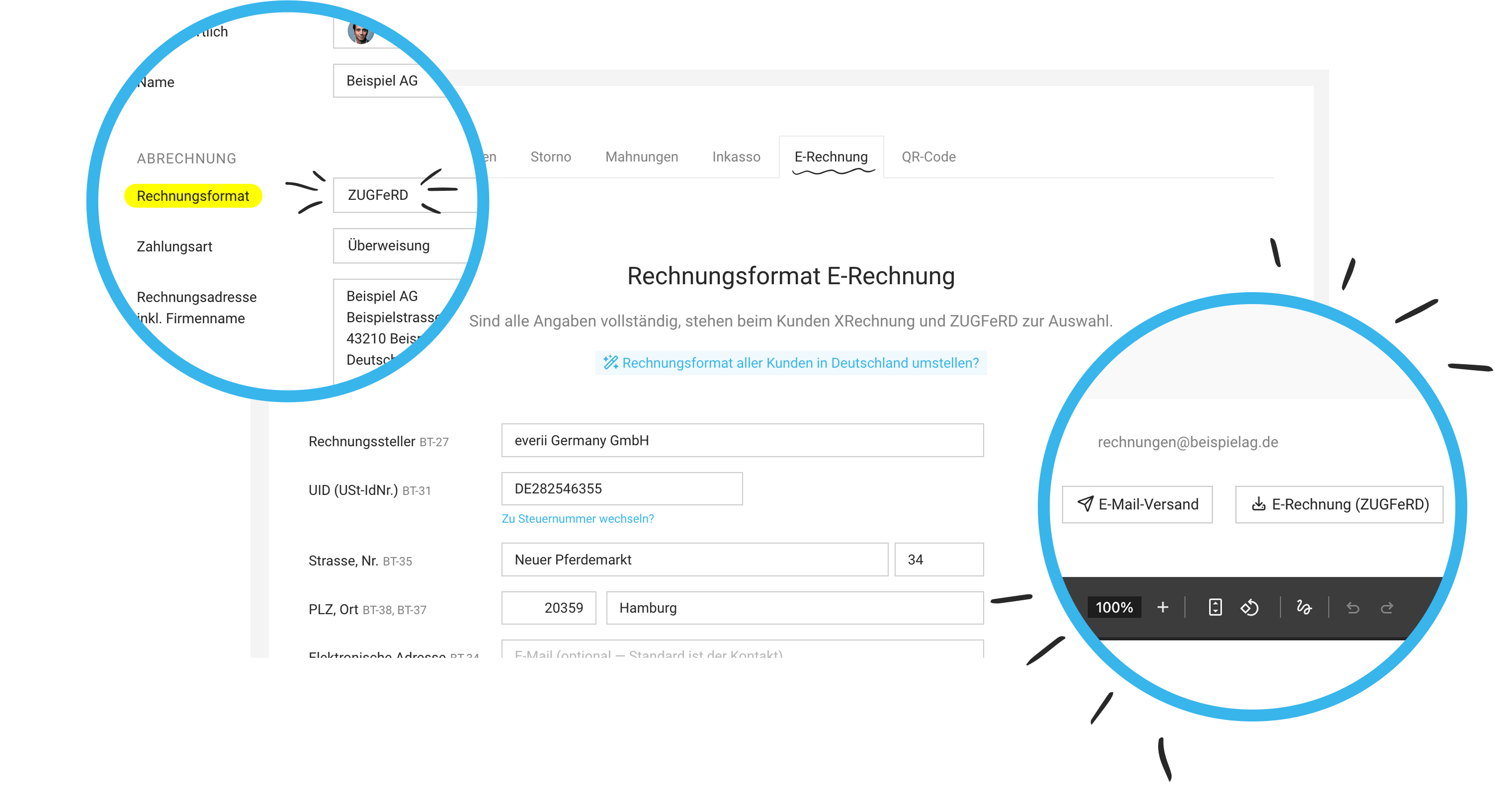 Screenshot der MOCO-Einstellungen für die E-Rechnung mit der Auswahl der Rechnungsformate ZUGFeRD und XRechnung beim Kunden.