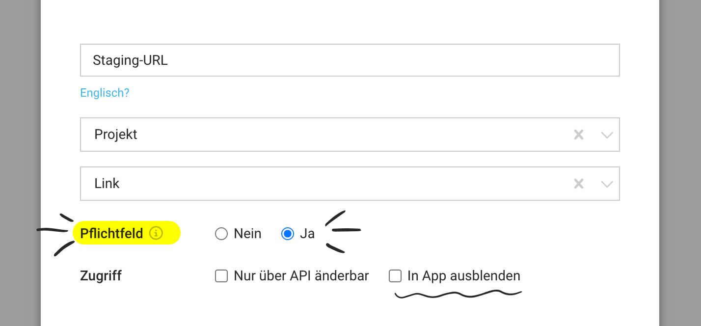 Einstellungen für eigene Felder in MOCO mit den Optionen, ein Feld als Pflichtfeld festzulegen oder es in der App auszublenden.