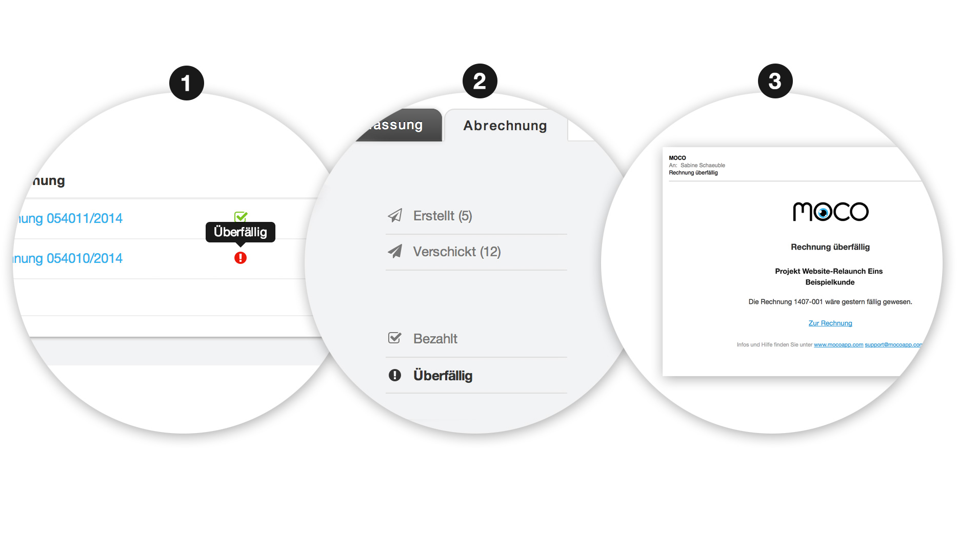 Rechnungsstatus Erstellt, Verschickt, Bezahlt, Überfällig