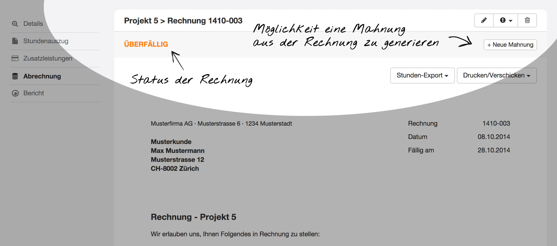 Rechnung mit Button "+ Neue Mahnung"