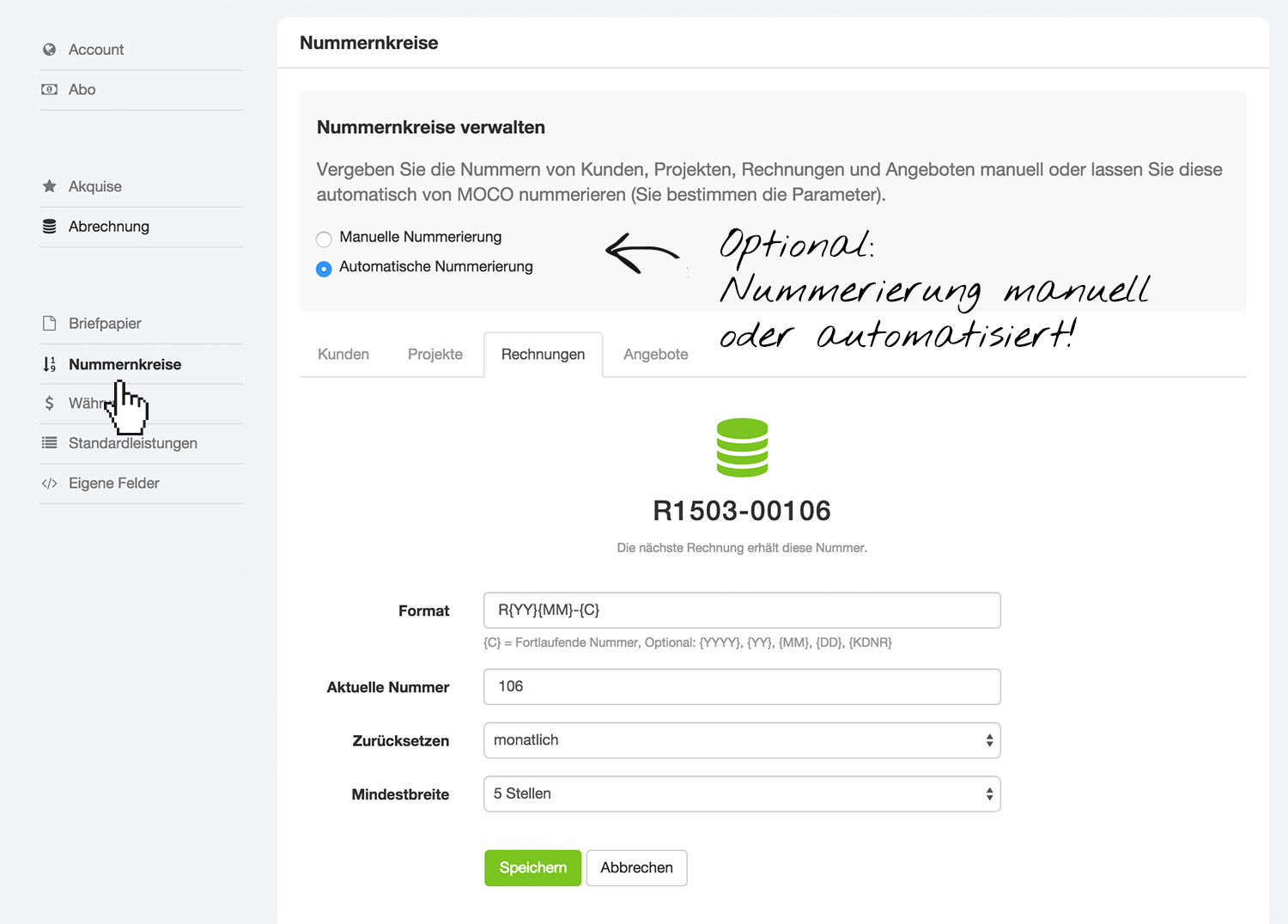 Automatisierte Nummernkreise für die Agentursoftware MOCO Optionale Einstellung manuelle oder automatisierte Nummernkreise